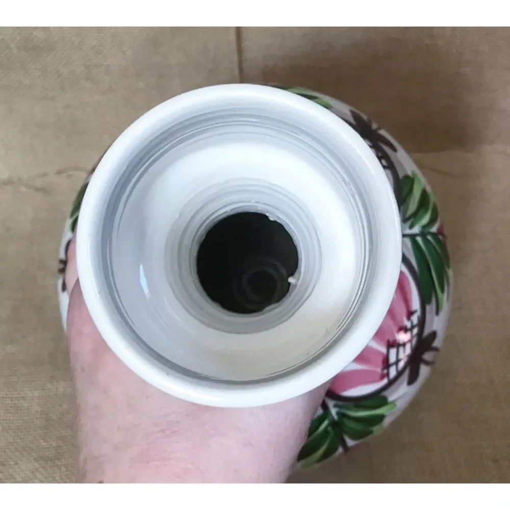 Hand Painted Bulbous Shabby Floral Vase Folk Art Pottery Cottage Core Colorful